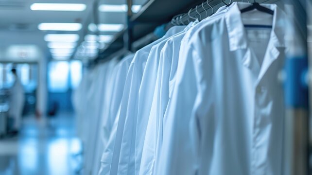 A neatly arranged row of white lab coats hanging in a professional wardrobe,