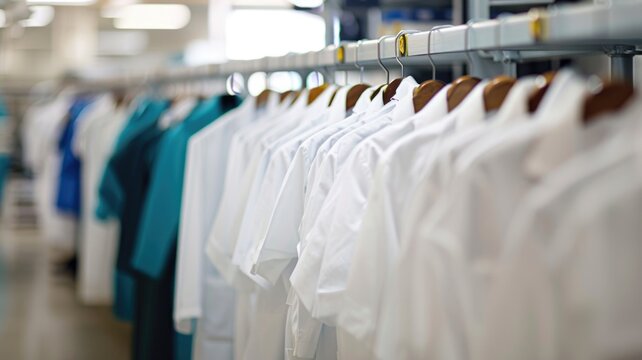 A neatly arranged row of white lab coats hanging in a professional wardrobe,