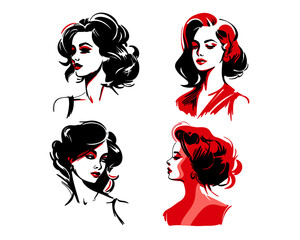 Women`s hairstyle black-red silhouettes