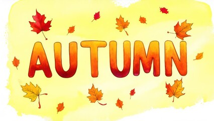 letters &ldquo;autumn&rdquo; over pastel yellow background, lot of little autumn leaves floating around letters