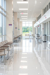 Medical Background,  Wide angle view of an unoccupied hospital lobby with spacious waiting areas. Views of exit signs, informational displays, and wall-mounted hand sanitizers