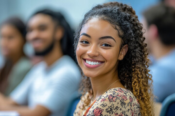 Fototapeta premium A smiling African American female college student with curly hair sits in a classroom, with other students blurred in the background. 