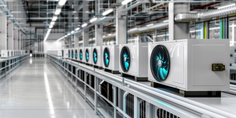 Naklejka premium Rows of Mining Equipment in Warehouse with Blue Fans