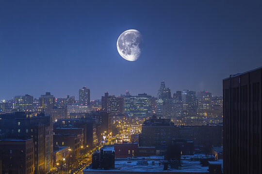 City skyline at night with a partial moon eclipse illuminating the sky