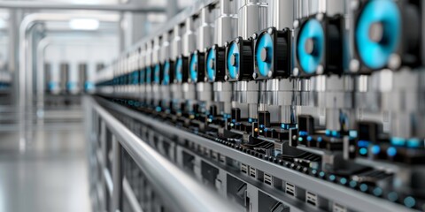 Rows of Mining Equipment in Warehouse with Blue Fans