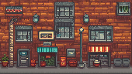 Retro City Pixel Art Background 2D Vector Illustration with Classic Pixel Style for Urban Design and Digital Art.