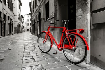 Naklejka premium Red Bicycle on Cobblestone Street in Old Italian City
