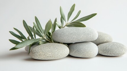 Tranquil Scene with Sage Twig and Smooth Pebbles on Sand