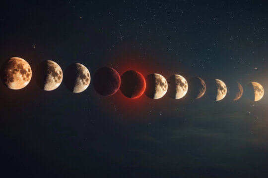 The different phases of the moon, moving from a full moon to a new moon and showing a red moon eclipse