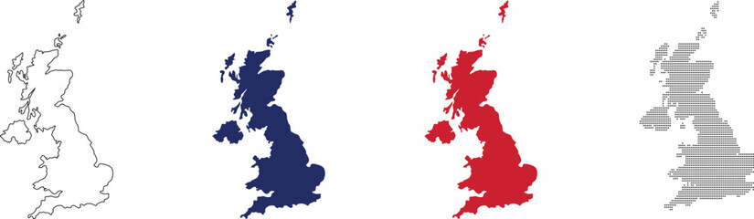 united kingdom map vector in various style outline, blue, red, dotted. © Budypiasa
