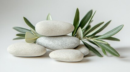 Tranquil Scene with Sage Twig and Smooth Pebbles on Sand
