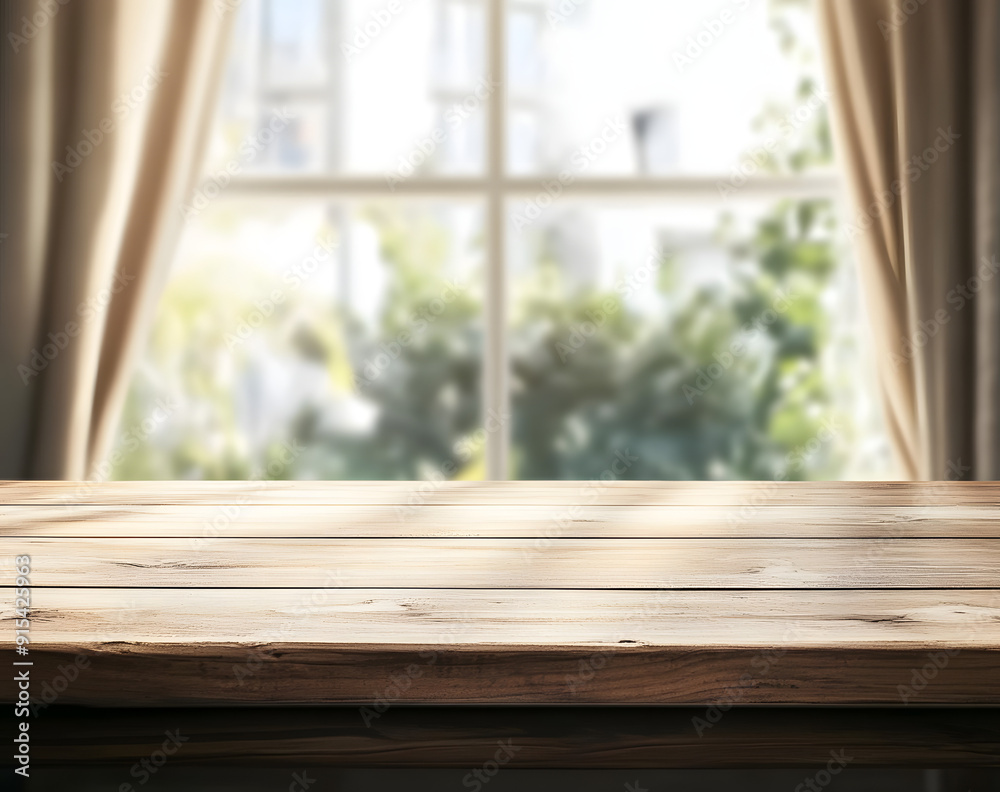 Canvas Prints Background. Wooden table on defocuced window with curtain