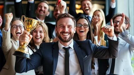 Happy winner businessman receives a business award and holding trophy with team of cheerful workers. Celebrating and congratulating their leader on great work success. - Powered by Adobe