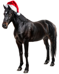 Obraz premium Majestic Black Horse Wearing Santa Hat for Christmas on Transparent Background, Festive Holiday Animal Theme