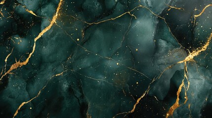 Rich 3D luxury background with dark green marble and gold veins, opulent and modern design