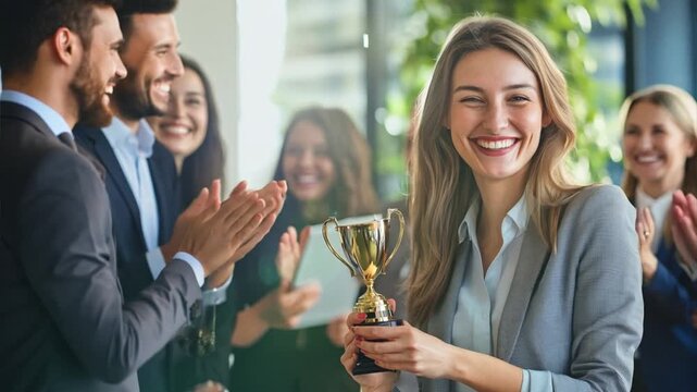 Happy winner businesswoman receives a business award and holding trophy with team of cheerful workers. Celebrating and congratulating their leader on great work success. Ai Footage.