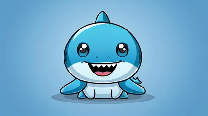 A cute shark character with big eyes and a wide grin captures playful joy in a vibrant blue environment