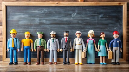 Wooden human figures representing different professions on a chalkboard background, career, choice, occupation, job
