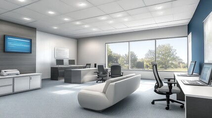 Sleek 3D office room with modern furniture and tech gadgets, productive work environment
