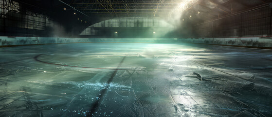 Fototapeta premium Professional ice rink sport arena.Hockey stadium with spotlights, steam. Ice textured background. Sport banner with copy space. Generative ai. 