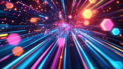 Obraz premium Vibrant 3D background with hexagonal prisms and light trails, energetic abstract concept