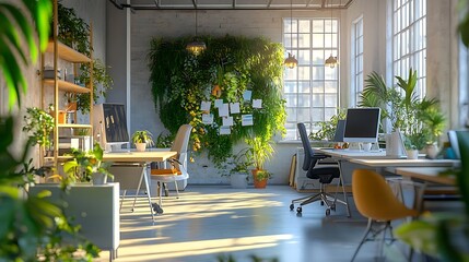 Naklejka premium Modern Office Interior Design with Green Wall and Natural Light - 3D Illustration