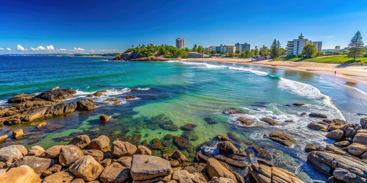 Clear sky on the rocky coastline of Mooloolaba Beach, Queensland, Australia, clear sky, rocky coastline, Mooloolaba Beach