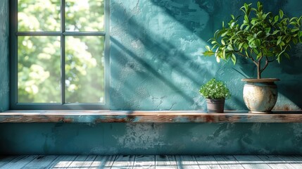 Sunlight streams through a window onto a serene corner with potted plants in a tranquil room