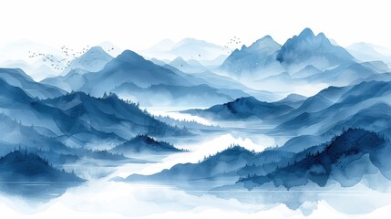 Serene blue mountain landscape with misty valleys at dawn