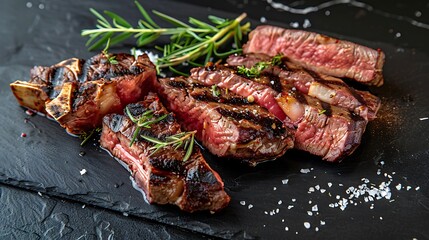 T bone dry aged barbecue porterhouse steak sliced with a caring fillet piece prepared with salt and herbs square top of a restaurant