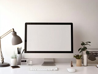 Modern and minimalist home office setup with a desktop computer featuring a blank screen, perfect for displaying your designs or showcasing your brand