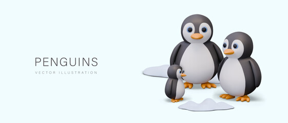 Family of penguins in cartoon style. Large flightless birds stand on ice