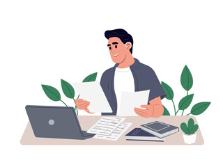 Hearing impaired man working with laptop at home or office. Happy hard of hearing student studying. Vector illustration.