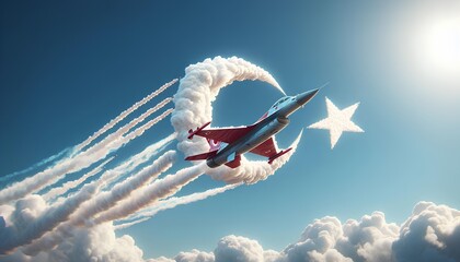 Turkish Airplane Flying in Sky with Cloud Shaped Like Turkish Flag - Celebration Theme