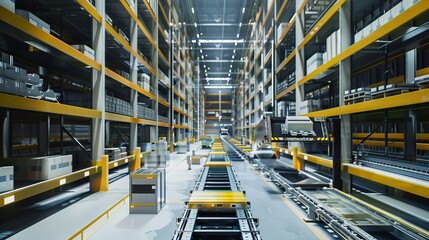 Automated warehouse with conveyor belts and tall shelves full of various goods