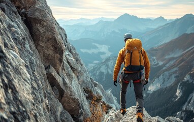 A hikers traversing a steep mountain pass, the rocky terrain and sweeping vistas