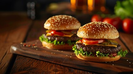Tasty burgers on a board made of wood