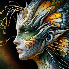 Enigmatic Portrait of a Human-like Being with Butterfly Headdress and Scale-like Textured Skin