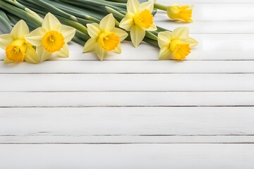 Daffodil flowers on white wooden table, AI Generated