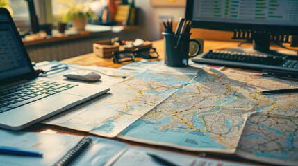 A desk with a laptop, a keyboard, a mouse, a map, and some other office supplies.