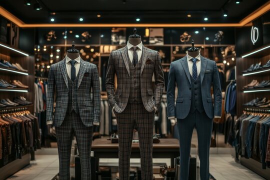 Various colored and patterned business suits on mannequins - Powered by Adobe