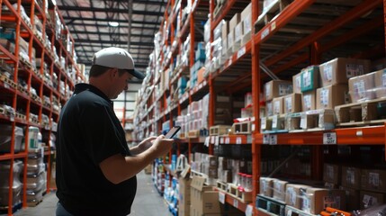 A man wearing a hat is checking inventory in a warehouse using a handheld scanner.