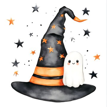 recommend clip art: Watercolor clip art. Cute witch hat with orange and black stripes. A little Halloween ghost stands behind the hat with his head sticking out