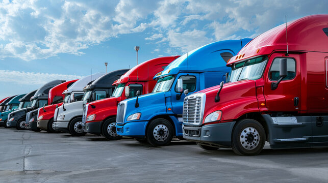 A row of colorful semi trucks parked in a lot