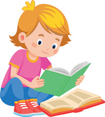 Cute little girl reading a book sitting on the floor-