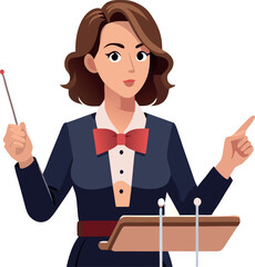 Confident female speaker delivering presentation holding pointer at tribune