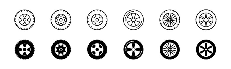 Car wheel icon set. Line and glyph tire icon. Auto tire collection. Car tyre set