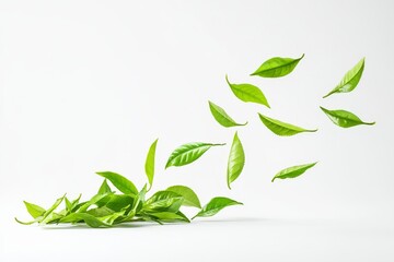 Fototapeta premium An isolated green leaf drifts over a transparent background