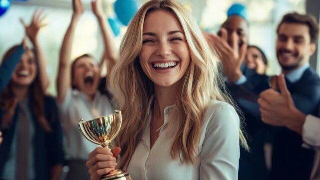 Happy winner businesswoman receives a business award and holding trophy with team of cheerful workers. Celebrating and congratulating their leader on great work success. Ai Footage.