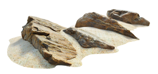 Natural rock formation along sandy beach under bright daylight, cut out